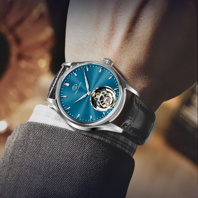 Long-Vision Tourbillon Mechanical Watch, Italy Calf Leather Automatic Mens Dress Watch