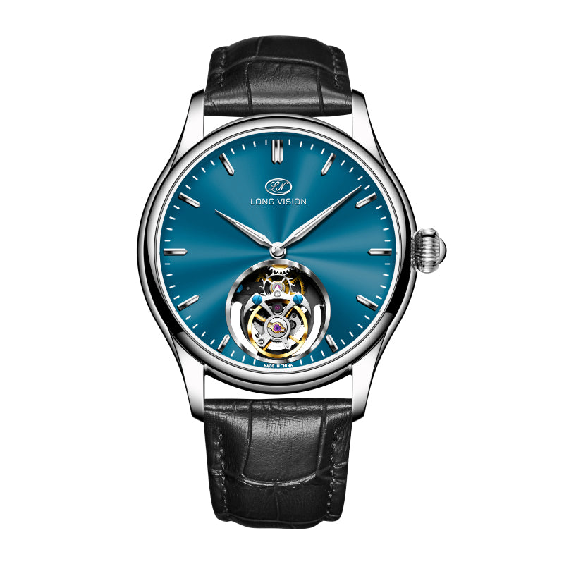 Long-Vision Tourbillon Mechanical Watch, Italy Calf Leather Automatic Mens Dress Watch