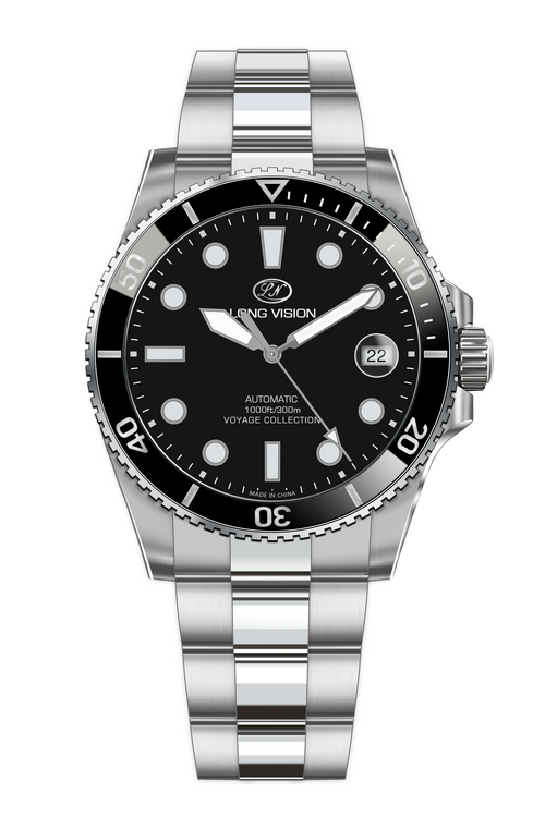 Long Vision YH018F Voyage Collection automatic watch featuring a black dial and durable stainless steel band.
