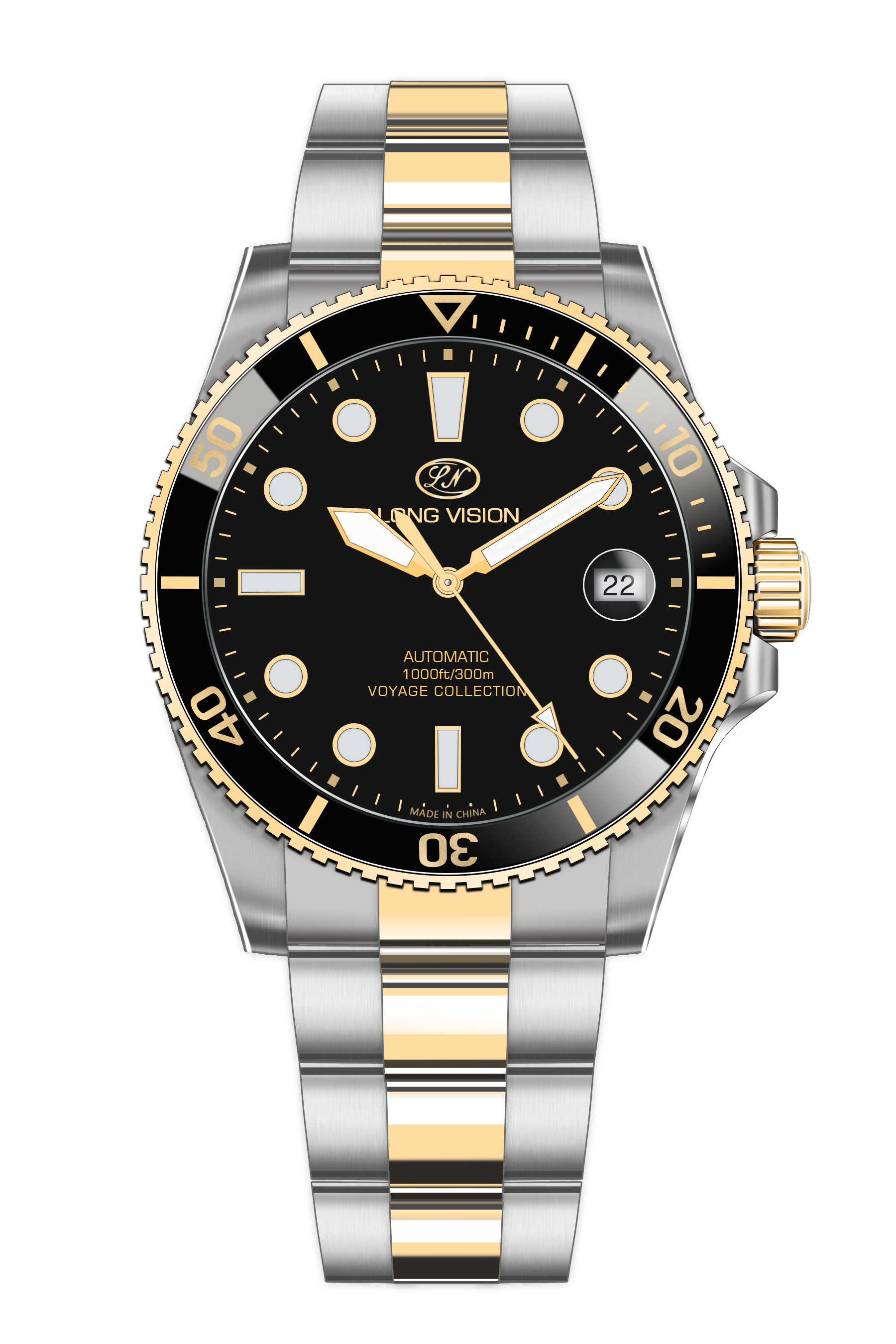 Long Vision YH018Q Voyage Collection Automatic Watch with black dial and stainless steel bracelet.