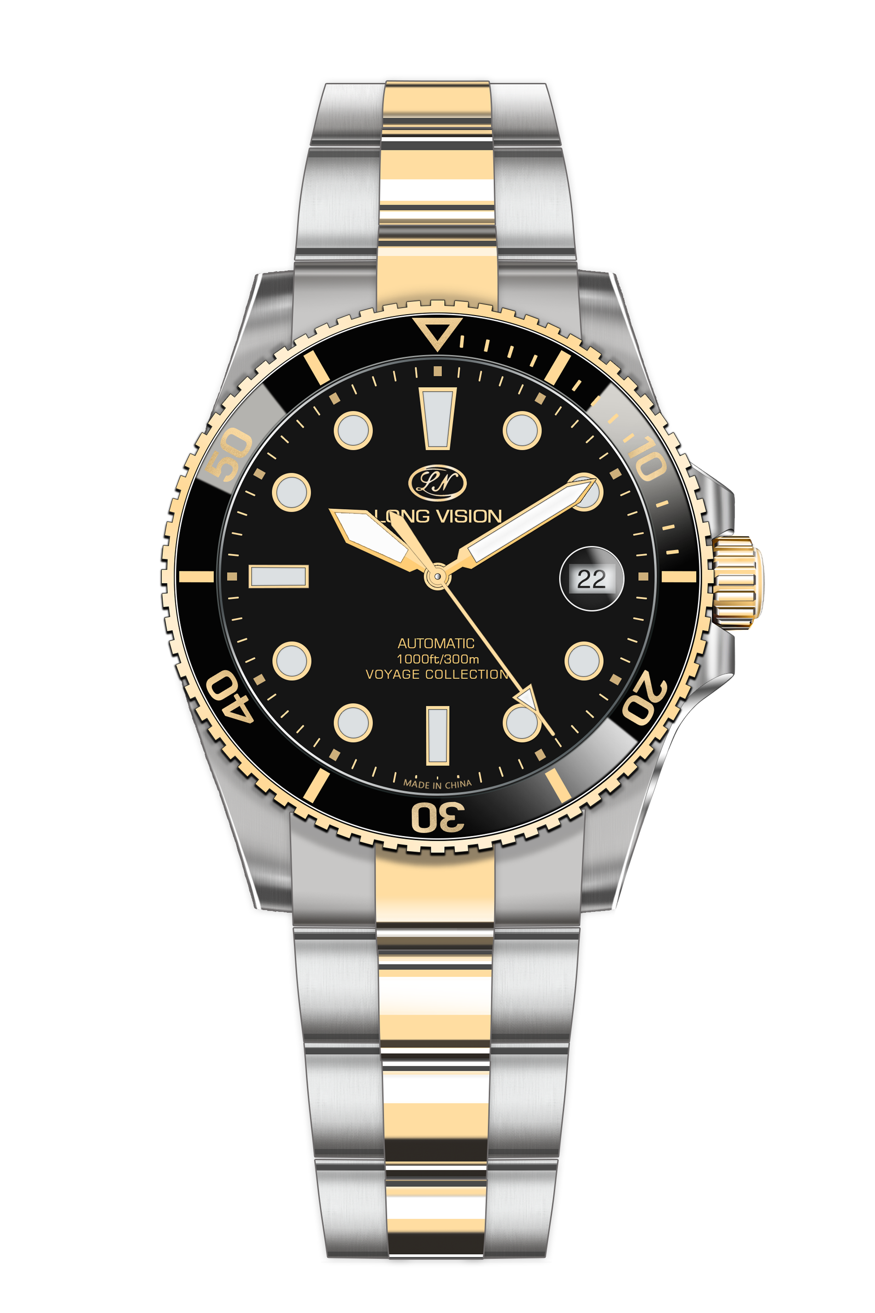 Long Vision YH019Q Voyage Collection automatic watch with black dial and gold accents.