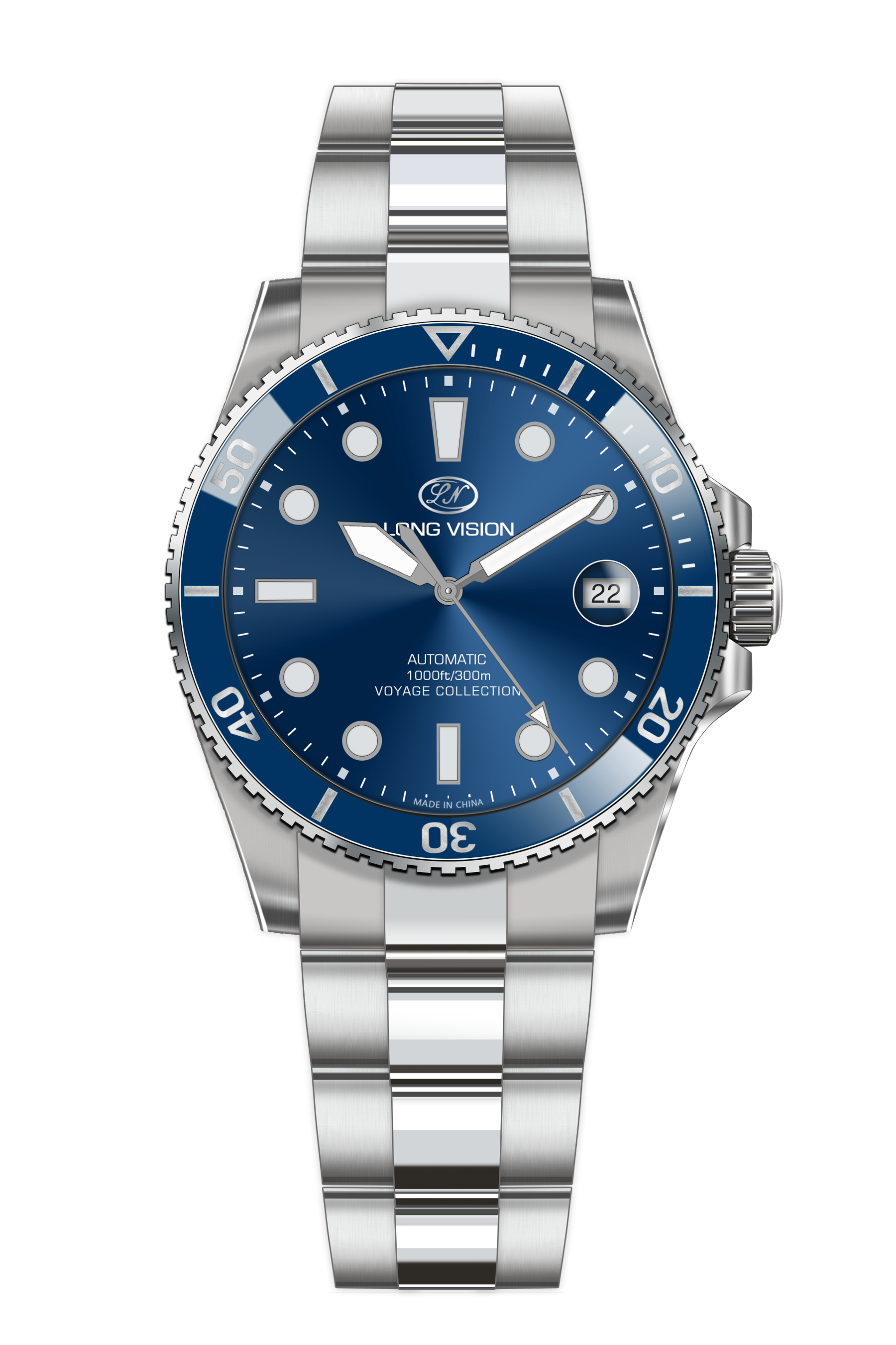Long Vision YH019J Voyage Collection Automatic Watch in blue with stainless steel bracelet
