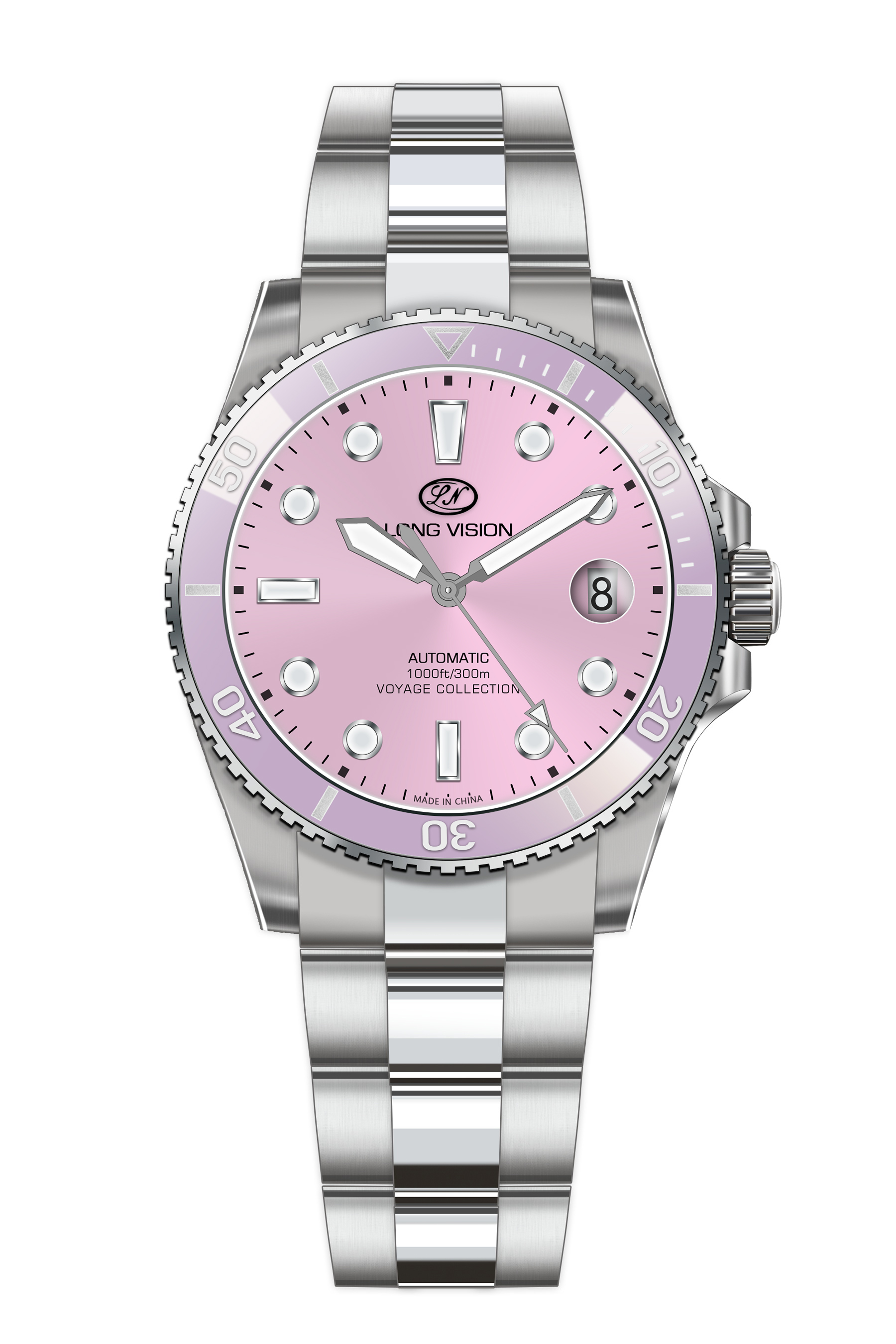 Long Vision YH019T Voyage Collection automatic watch with pink dial and stainless steel bracelet