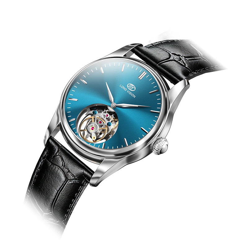 Long-Vision Tourbillon Mechanical Watch, Italy Calf Leather Automatic Mens Dress Watch